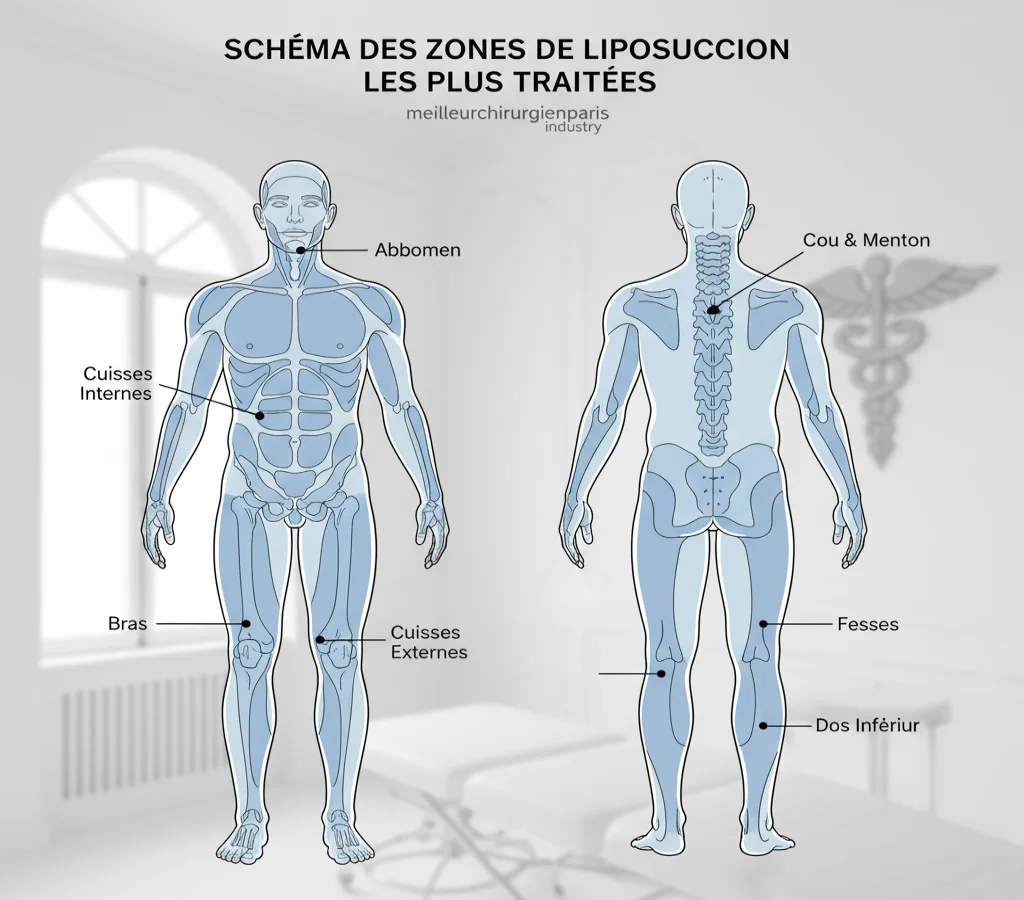 Schéma des zones de liposuccion les plus traitées